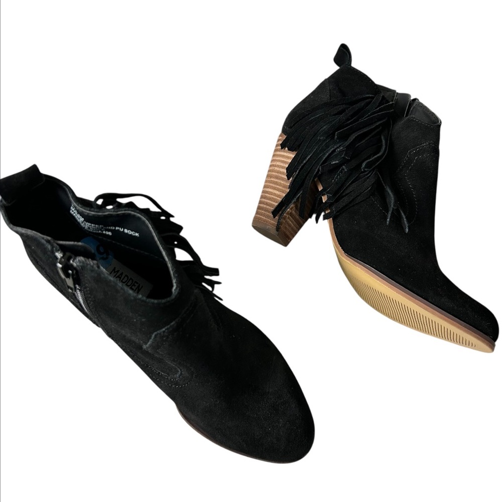 STEVE MADDEN‎ ‘Cian’ Black Suede Leather Ankle Booties Fringe Western Ankle 6.5M